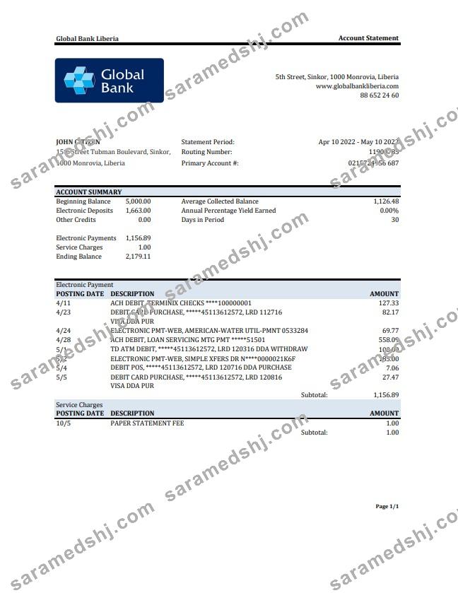 Liberia Global Bank statement